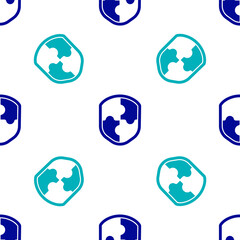 Blue Shield icon isolated seamless pattern on white background. Guard sign. Security, safety, protection, privacy concept. Vector Illustration.
