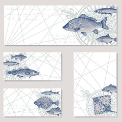 Fsh, seafood, flounder, stingray, salmon, smelt, roach, compass, old wind rose Doodles design elements business cards, banners, menu