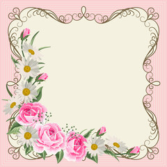 Beautiful vintage frame with flowers on pink background.