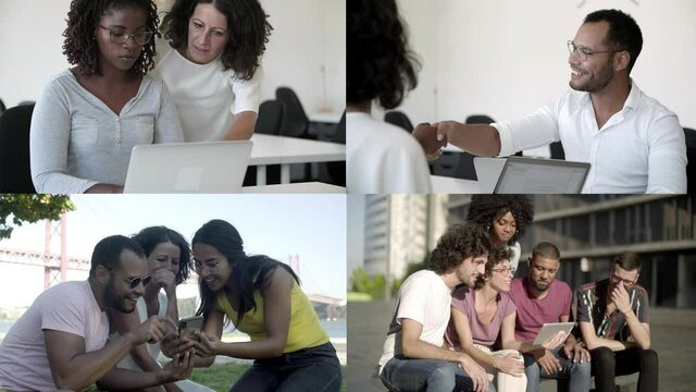 Collage of different people using smartphone or laptop. Cheerful young men and women chatting, sitting, working. Multiscreen montage, split screen collage. Communication and technology concept
