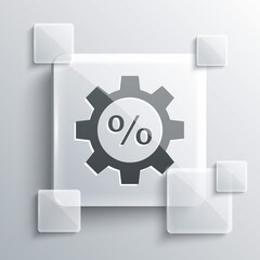 Grey Gear with percent icon isolated on grey background. Square glass panels. Vector Illustration.