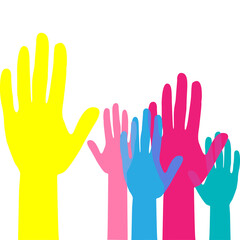 Colorful up hands. Raised hands volunteering. team work concept