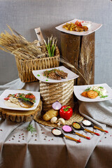 Still life in Russian style with hot dishes