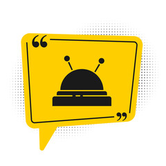 Black Needle bed and needles icon isolated on white background. Handmade and sewing theme. Yellow speech bubble symbol. Vector Illustration.