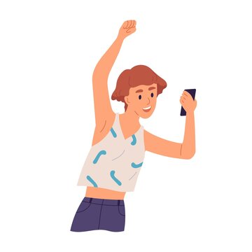 Joyful girl raising hand looking at screen of smartphone vector flat illustration. Happy woman enjoy good news holding mobile phone isolated on white. Female having positive emotion watch on display