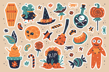 Happy Halloween design elements. Halloween clipart with witch hat, pumpkin, mushroom, broom, gravestone, sweets, witches cauldron, moon, poison, sweets, tomb, cauldron, mandragora. Sticker sheet.