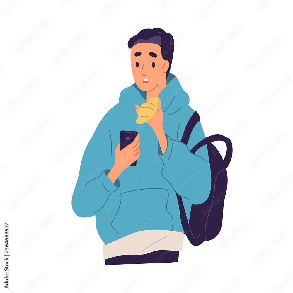 Poster guy with disappointed face expression read bad news at smartphone vector flat illustration. shocked 