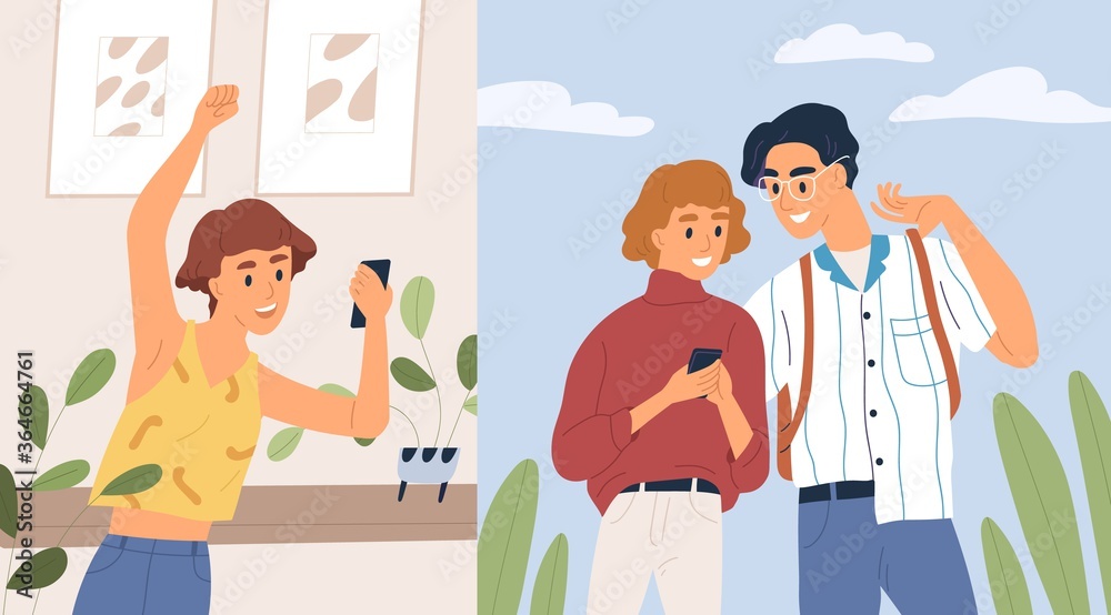 Aufkleber joyful woman and couple messaging having positive emotion vector flat illustration. smiling people e