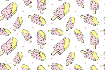 Vector seamless pattern with fruits popsicle. The illustration is drawn in doodle style. Design for printing postcards, fabrics, children's clothing, design for a children's holiday