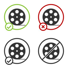 Black Film reel icon isolated on white background. Circle button. Vector Illustration.