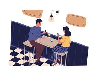 Smiling man and woman use smartphone sitting at table in cafe vector flat illustration. Happy couple surfing internet during meeting isolated. People scrolling social networks or messaging at date