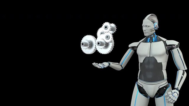 4k Video of humanoid robot with rotating gear wheels on the black background. Prores 4444 codec.