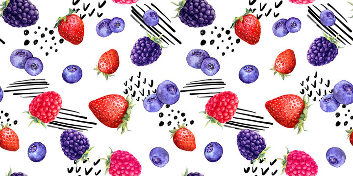 Mix of summer fruits and berries raspberry, strawberry, blackberry, blueberry . Seamless food pattern with lines, dots - memphis trendy art. Watercolor