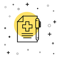 Black line Medical prescription and pen icon isolated on white background. Rx form. Recipe medical. Pharmacy or medicine symbol. Random dynamic shapes. Vector Illustration.