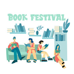 Book Festival. People reading books. Set of book lovers, readers, modern literature fans isolated on white background. Flat cartoon vector illustration.