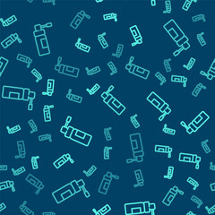 Green line Medical bottle with nozzle spray for the treatment of diseases of the nose and throat icon isolated seamless pattern on blue background. Vector Illustration.