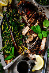 Grilled pork chops with eggplant.style rustic .selective focus