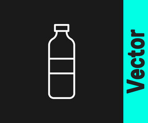 White line Bottle of water icon isolated on black background. Soda aqua drink sign. Vector Illustration.
