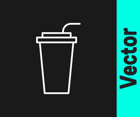 White line Paper glass with drinking straw and water icon isolated on black background. Soda drink glass. Fresh cold beverage symbol. Vector Illustration.