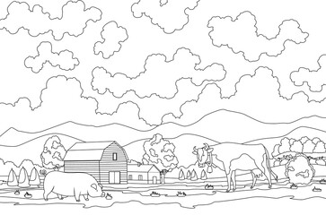 Coloring of eco farming. Meadow illustration eco natural farming concept. Ecological green farming. Cartoon vector farm landscape. Field with farmers building and animal
