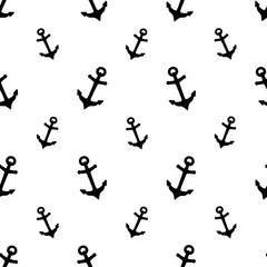 Silhouette. Anchor. The endlessly repeating ornament of the symbols of navigation. Seamless vector pattern. Outline on an isolated colorless background. Marine decorative element. Packaging, case.