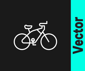 White line Bicycle icon isolated on black background. Bike race. Extreme sport. Sport equipment. Vector Illustration.