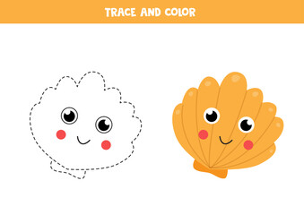 Trace and color cute kawaii seashell. Writing skills.