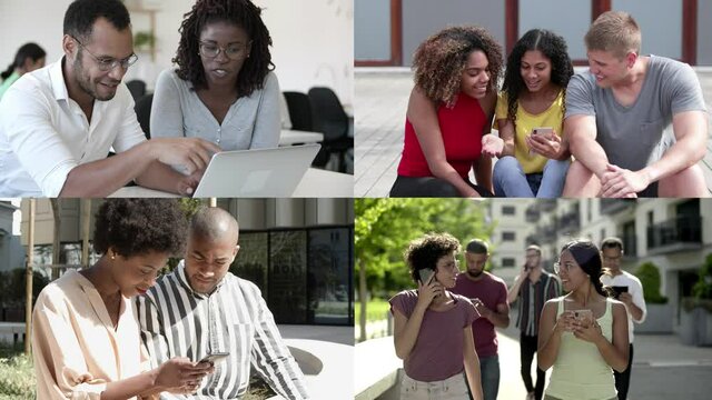 Collage of various people looking at screen of digital device. Confident men and women walking with phones, speaking and working. Multiscreen montage collage. Communication and technology concept