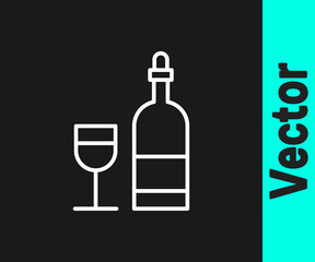 White line Wine bottle with glass icon isolated on black background. Vector Illustration.
