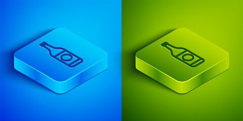 Isometric line Beer bottle icon isolated on blue and green background. Square button. Vector Illustration.