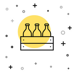 Black line Bottles of wine in a wooden box icon isolated on white background. Wine bottles in a wooden crate icon. Random dynamic shapes. Vector Illustration.