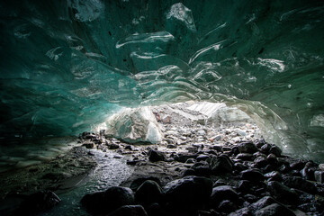 blue ice cave in the AK-Kem glacier in the Altai
