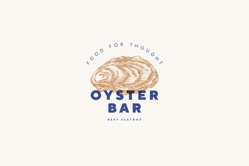 Hand-drawn oyster shell vector illustration. Logo template for fish restaurant menu or seafood bar. Emblem of delicacy in the engraving style on a light background.