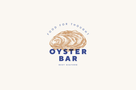 Hand-drawn oyster shell vector illustration. Logo template for fish restaurant menu or seafood bar. Emblem of delicacy in the engraving style on a light background.