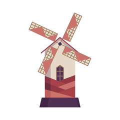 Traditional ancient windmill building. Rural organic agricultural production, ecological food manufacturing, clean energy concept, wind mill farm. Medieval european windmill