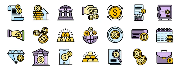 Fotobehang Bank metals icons set. Outline set of bank metals vector icons thin line color flat on white © ylivdesign