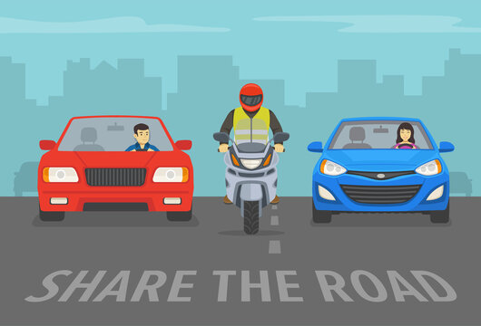 Motorcycle rider between two cars on the road. Share the lane warning poster design template. Flat vector illustration.