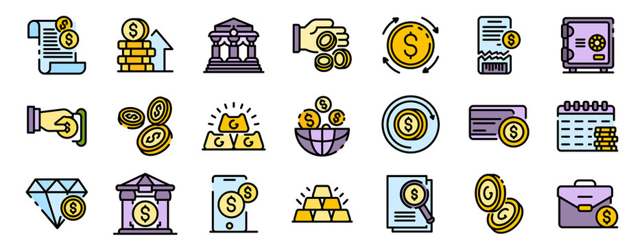 Bank metals icons set. Outline set of bank metals vector icons thin line color flat on white