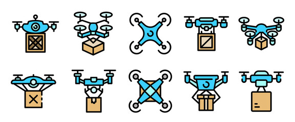 Drone delivery service icons set. Outline set of drone delivery service vector icons thin line color flat on white