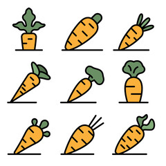 Carrot icons set. Outline set of carrot vector icons thin line color flat on white