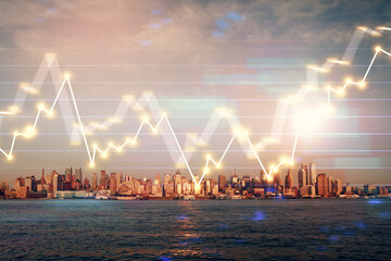 Forex chart on cityscape with skyscrapers wallpaper double exposure. Financial research concept.