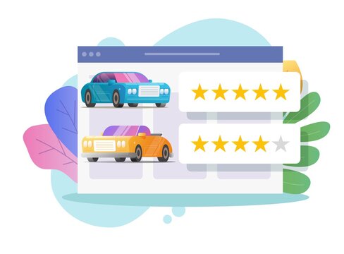 Car review rating online or automobile digital testimonial feedback and customer reputation internet web shop vector flat colorful icon, vehicle rental shop rank or test drive auto access