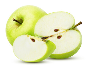 three green apple sliced isolated on a white background