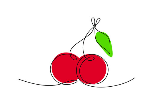 Cherry fruits in continious one line art drawing style for logo isolated on white background. Minimalistic wall art, colorful poster. Vector illustration