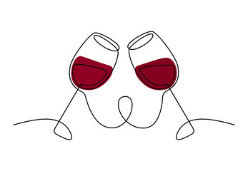 Continuous single line drawing of two glasses of red wine. Minimalist line art of cheering glasses of wine with red spots for logo. Vector illustration