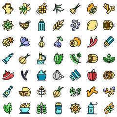 Obraz premium Condiment icons set. Outline set of condiment vector icons thin line color flat on white