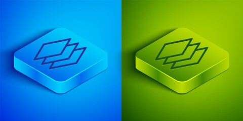 Isometric line Layers clothing textile icon isolated on blue and green background. Element of fabric features. Square button. Vector Illustration.