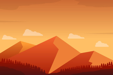 Mountain landscape scene at sunset time vector with orange color suitable for illustration or background 
