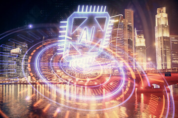 Data theme hologram drawing on city view with skyscrapers background multi exposure. Ai concept.