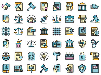 Justice icons set. Outline set of justice vector icons thin line color flat on white